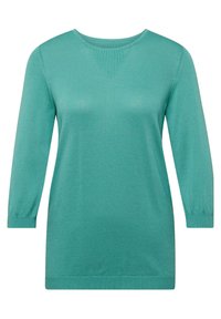 Türkiser Pullover mit langen Ärmeln, gerippter Textur, rundem Halsausschnitt und dreieckigem Strickdetail auf der Vorderseite. Lose Passform, weiches Material.