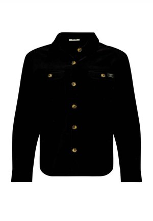 Schwarzes Cordhemd mit Kragen, langen Ärmeln und zwei Brusttaschen. Verfügt über goldene Knöpfe und ein kleines Etikett auf der Vorderseite.