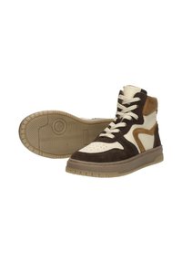 Hoge sneakers met een mix van bruin suède en crème leer, met een gebroken witte zool en crème veters, met panelaccenten.