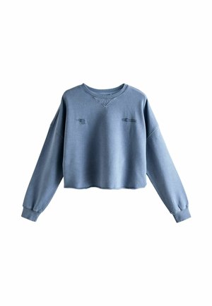 Gekürzter blauer Sweatshirt mit langen Ärmeln, geripptem Halsausschnitt und Bündchen, mit zwei dezenten Logos auf der Vorderseite. Glattes Baumwollmischmaterial.