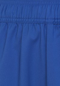Heldere blauwe stof met een gladde textuur, voorzien van verzamelde elastiek aan de tailleband. Geen patronen of hardware zichtbaar.