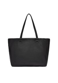 Zwarte leren tote bag met twee schouderbanden, een minimalistisch ontwerp, een gladde textuur en geen zichtbare hardware of accenten.