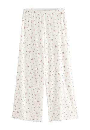 Pantaloni bianchi a gamba larga con coste, stampa floreale piccola rosa e gialla e vita elastica.