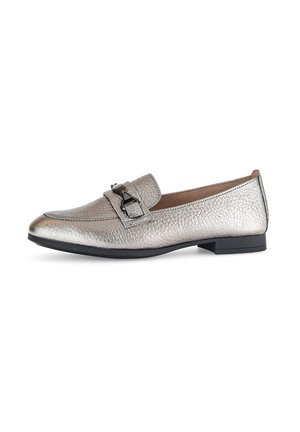 Silver leather loafers with a textured finish, featuring a black buckle accent and a low, square heel. Classic design, minimalistic details.
