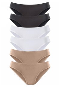 Vier paar stretchstof onderbroeken in zwart, wit en beige, met een klassieke hipster snit met gladde randen en geen zichtbare naden.