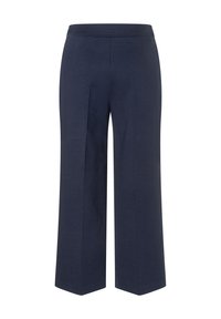 Marineblaue, weit geschnittene Hosen aus einem weichen Stoff, mit einem glatten Bund und zwei vorderen Falten für ein maßgeschneidertes Aussehen.