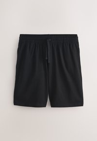 Short noir à taille élastique avec cordon, longueur genou, design uni, présenté à plat sur un fond clair.