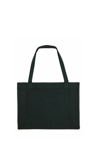 Borsa tote in tessuto nero con due manici robusti, forma rettangolare, cuciture impunturate e senza motivi o decorazioni visibili.