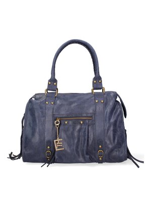 Borsa in pelle blu navy con doppio manico, tasca frontale con zip, ferrature dorate e nappine decorative su sfondo bianco.