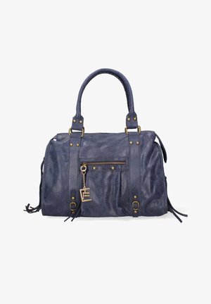 Sac à main en cuir bleu marine avec double poignée, poche avant zippée, ferrures dorées et pompons décoratifs sur fond blanc.