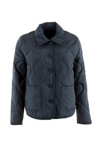 Giacca trapuntata blu navy con colletto, chiusura frontale con sette bottoni, due tasche e un sottile motivo a onde cucito su tessuto resistente.