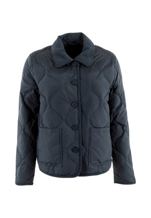 Veste matelassée navy avec un col, fermeture à sept boutons sur le devant, deux poches et un motif ondulé cousu subtil sur un tissu durable.