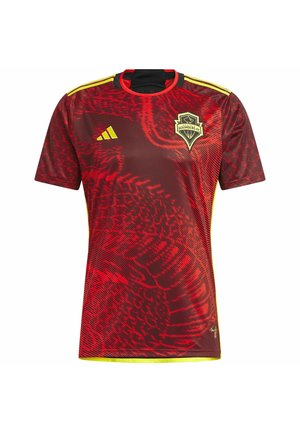 Red and black Seattle Sounders FC soccer jersey with yellow Adidas logo, yellow stripes on shoulders, and abstract wave pattern.