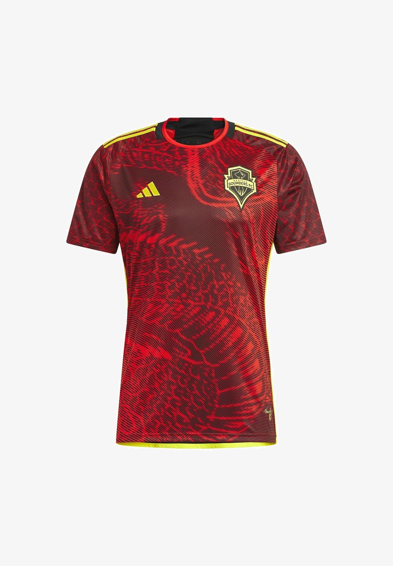 Maillot de football des Seattle Sounders FC rouge et noir avec logo Adidas jaune, bandes jaunes sur les épaules, et motif abstrait en forme de vague.
