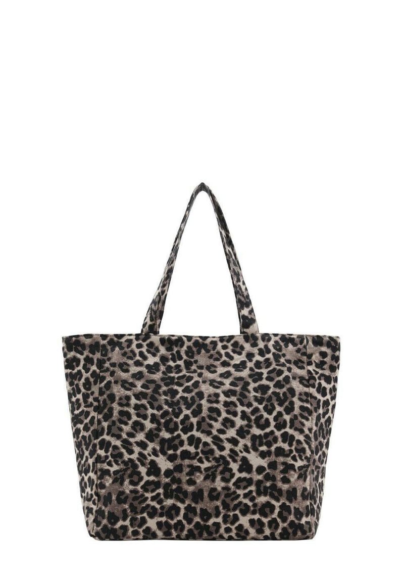 Borsa a tracolla con stampa leopardata realizzata in tessuto morbido, dotata di due manici robusti, forma rettangolare e un ampio interno per riporre gli oggetti.