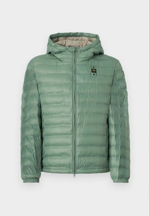 Svetlo zelena prešita puhasta jakna s kapuco, sprednjo zadrgo, elastičnimi manšetami na zapestjih in majhno črno-rumeno značko z logotipom na prsnem delu.