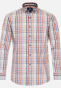 Button-up Hemd mit einem mehrfarbigen Karomuster in Rot, Blau und Creme. Verfügt über einen Umlegekragen und lange Ärmel, besteht aus Baumwolle.