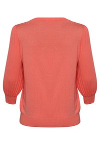 Pull en maille rose corail avec manches longues bouffantes côtelées et poignets ajustés, vu de dos.