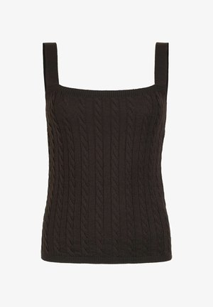 Mörkbrun ärmlös topp med kabelstickad textur, kvadratisk halsringning och breda axelband. Mjuk, elastisk stickad tyg.