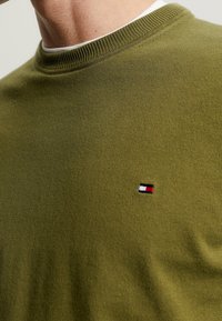 Olivově zelený pletený svetr s vroubkovaným kulatým výstřihem a malým vícebarevným logem na hrudi. Hladká textura, ležérní design.