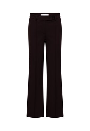 Schwarze, hoch taillierte Hose mit Gürtelschlaufen und gebügelten Bügelfalten an der Vorderseite jedes Beins.