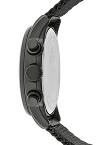 Montre en métal noir avec un boîtier rond, finition mate, trois boutons-poussoirs, couronne texturée et dos embossé détaillé. Présente un bracelet à maillons.