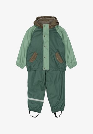 Green rain suit with a brown hood, featuring snap closure, two brown pockets, elastic cuffs, and reflective white stripe on pants.