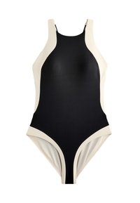 Maillot de bain une pièce avec panneau avant noir et côtés, bretelles et bordures des jambes de couleur crème sur fond blanc.