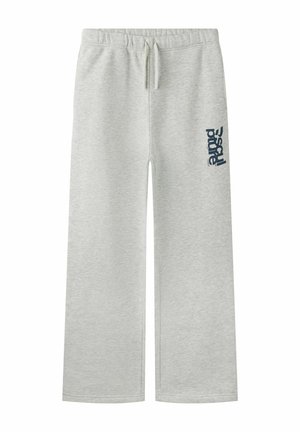 Pantalon de jogging gris clair avec taille élastique et cordon, avec texte "Psycho" bleu foncé imprimé verticalement sur la cuisse gauche.