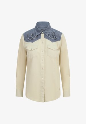 Beige long-sleeve western shirt with blue yoke, embroidered loops, snap buttons, and two front flap pockets.