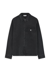 Black denim jacket with a collar, zip closure, and a single chest pocket featuring a snap button. Smooth texture and long sleeves.
