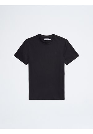 Černé bavlněné tričko s krátkými rukávy, kulatým výstřihem a jemně vyšívaným logem na hrudi. Plochá, hladká textura, přiléhavý střih.