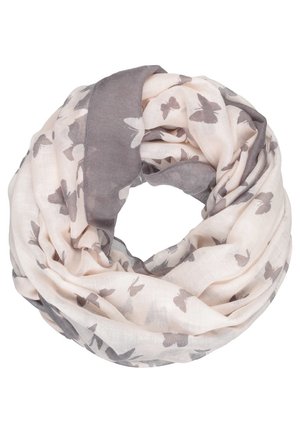 Lichtbeige infinity sjaal met grijze vlinderpatronen en brede grijze strepen, zachte lichtgewicht stof, gerangschikt in een cirkelvorm.