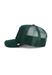 Green cap with a solid front and mesh back, featuring a curved visor and a logo patch on the side. Textured upper and breathable design.