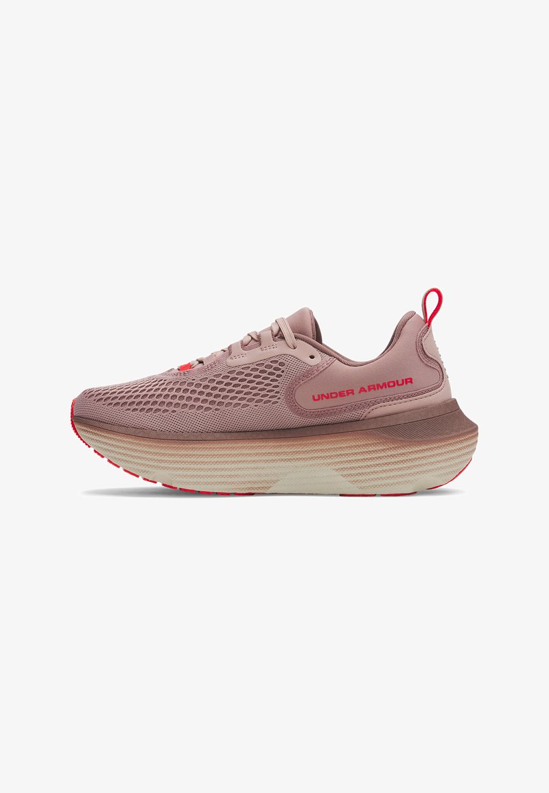 Light pink athletic shoe with mesh upper, cushioned midsole, and rubber outsole. Features red accents and an embossed logo on the side.