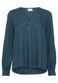Blouse longue à manches longues teal avec un col en V et des manches plissées. Fabriquée en tissu léger, elle a une coupe décontractée et un ourlet arrondi.