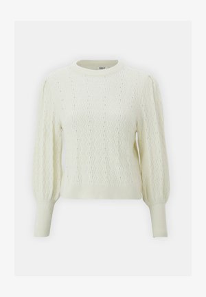 Suéter de punto crema con un patrón texturizado de olas, puños acanalados y cuello redondo. Presenta mangas abullonadas y una silueta ajustada.