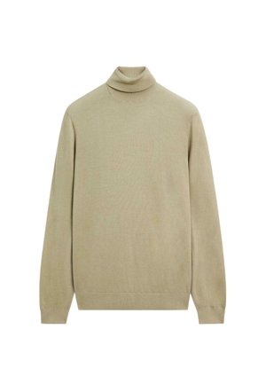 Beige lange mouw coltrui met geribde kraag, manchet en zoom, weergegeven op een witte achtergrond.