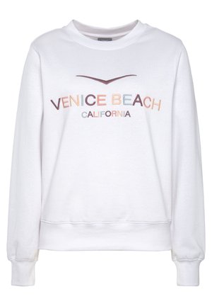 White sweatshirt with ribbed cuffs and hem, featuring multicolored embroidered text "VENICE BEACH CALIFORNIA" across the front.