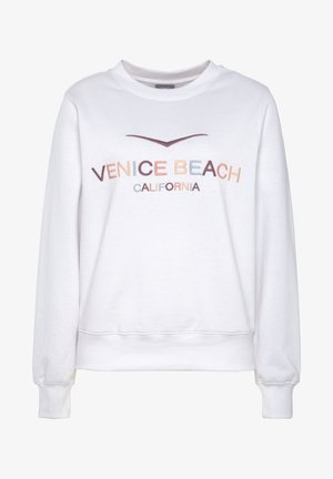 White sweatshirt with ribbed cuffs and hem, featuring multicolored embroidered text "VENICE BEACH CALIFORNIA" across the front.