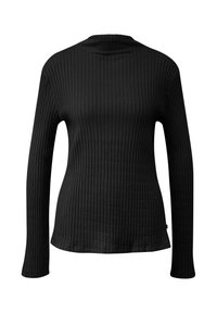 Zwart shirt met lange mouwen gemaakt van ribstof, met een ronde halslijn en een getailleerd silhouet. De textuur is glad met een subtiele glans.