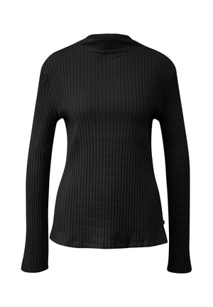 Zwart shirt met lange mouwen gemaakt van ribstof, met een ronde halslijn en een getailleerd silhouet. De textuur is glad met een subtiele glans.