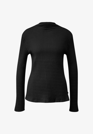 Czarny top z długim rękawem wykonany z prążkowanej tkaniny, z okrągłym dekoltem i dopasowanym krojem. Tekstura jest gładka z subtelnym połyskiem.