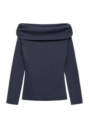 Top off-shoulder marine à manches longues, avec un col froncé et une texture côtelée, fabriqué en tissu doux et extensible.