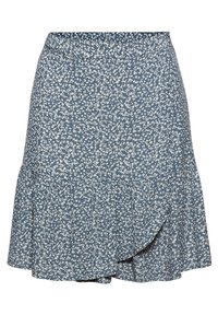 Jupe bleue avec petit imprimé floral blanc, ourlet volanté froncé et détail devant style portefeuille.