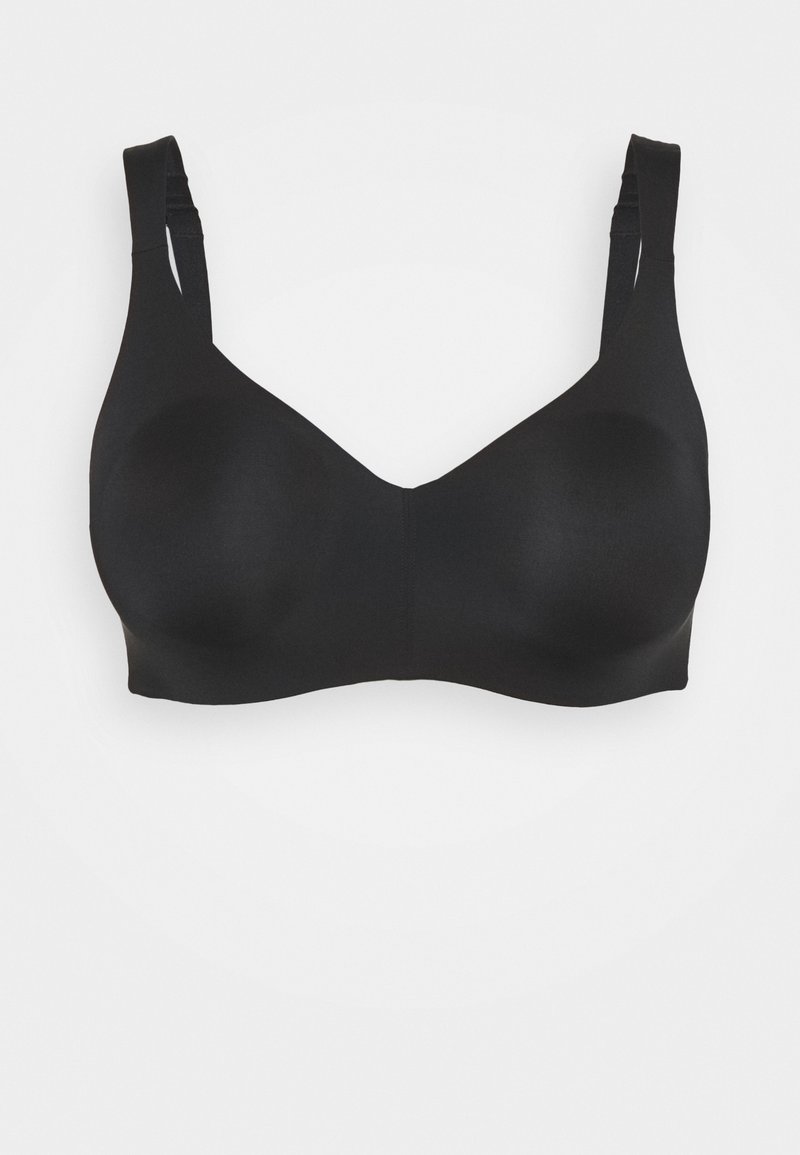 Reggiseno nero con tessuto liscio, coppe imbottite e spalline larghe. Presenta un design senza cuciture con una finitura pulita, adatto per l'uso quotidiano.