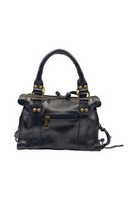 Sac à main en cuir noir avec deux anses supérieures, quincaillerie dorée, compartiment principal zippé et poche frontale. Texture lisse, design compact.