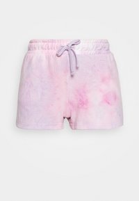 Pantaloni corti leggeri in tie-dye nei toni del rosa pastello e lavanda. Tessuto morbido con vita elastica e cordoncino regolabile.