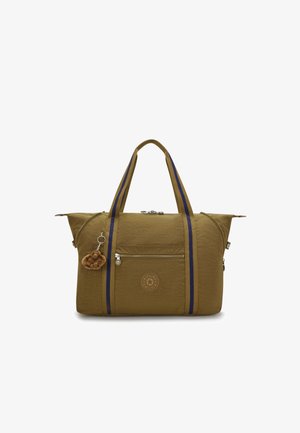 Borsa da viaggio verde oliva con strisce blu e beige, texture in tessuto, tasca frontale con zip e un charm a forma di scimmia marrone. Logo circolare sul davanti.