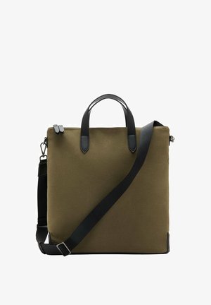 Borsa a mano rettangolare verde oliva con manici in pelle nera e tracolla nera regolabile, mostrata su sfondo bianco.